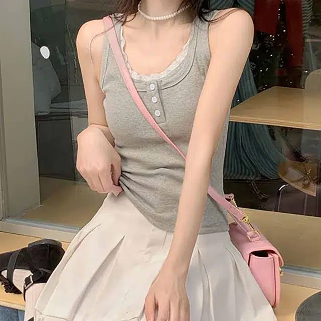 如续 蕾丝花边假俩件修身显瘦辣妹上衣背心 女款