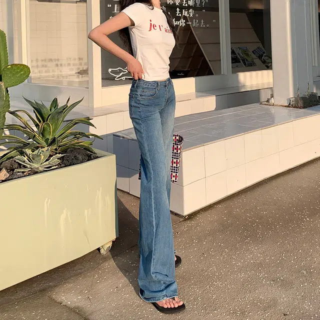 如续 辣妹低腰圆口袋设计微弹力微喇叭垂感修身微复古时尚牛仔裤 女款