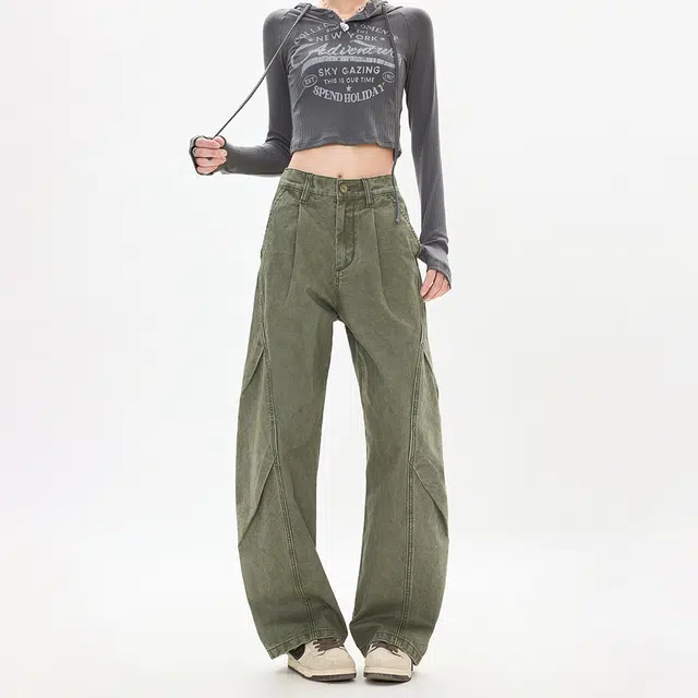 如续 美式褶皱设计做旧复古潮流舒适宽松百搭牛仔裤 男女同款