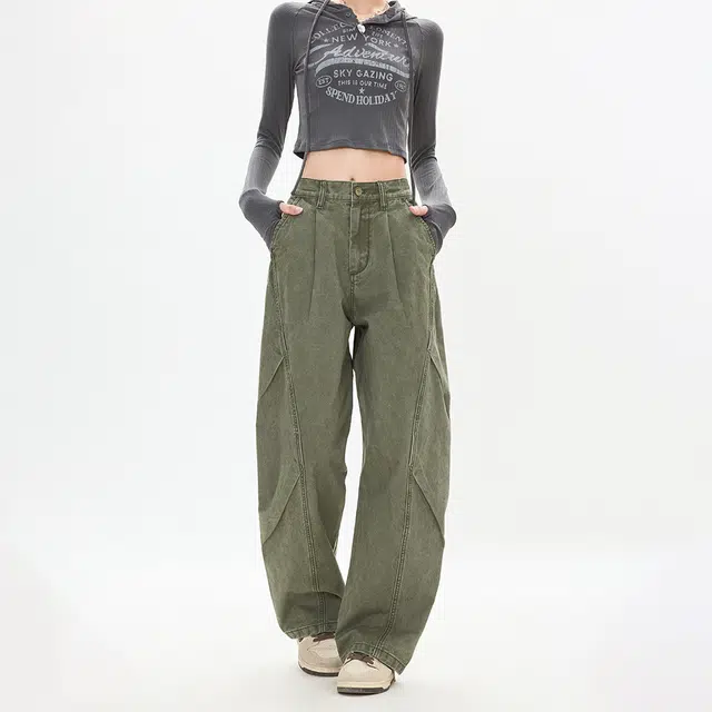 如续 美式褶皱设计做旧复古潮流舒适宽松百搭牛仔裤 男女同款