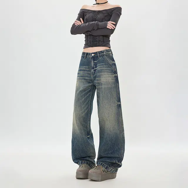 如续 宽松美式复古百搭日常拖地设计感牛仔裤 男女同款
