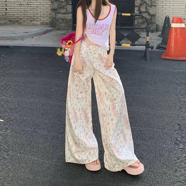 如续 美式复古高腰碎花宽松百搭薄款垂感阔腿时尚百搭休闲裤 女款