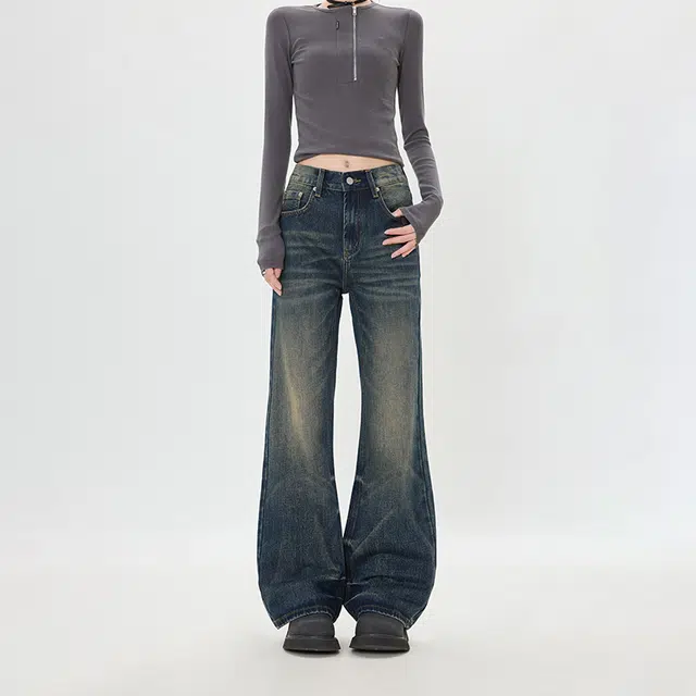 如续 复古拖地直筒宽松百搭美式做旧街头牛仔裤 男女同款