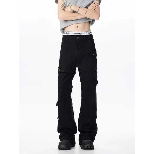 如续 美式复古高街风多口袋拼接设计百搭长裤潮流痞帅炸街微喇牛仔裤 男款