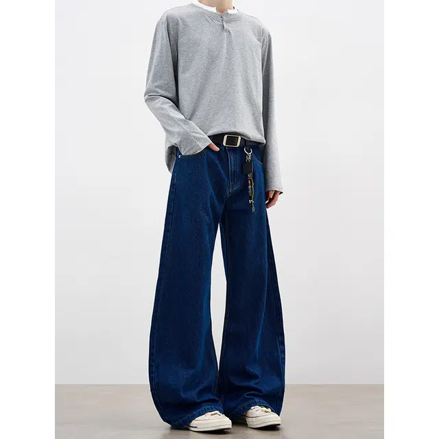 如续 美式基础通勤深蓝色弯刀长裤秋冬季百搭复古阔腿慵懒垂感拖地牛仔裤 男女同款