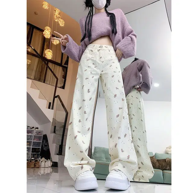 如续 美式可爱小熊印花简约百搭设计感小众高腰宽松直筒阔腿长裤潮牛仔裤 女款