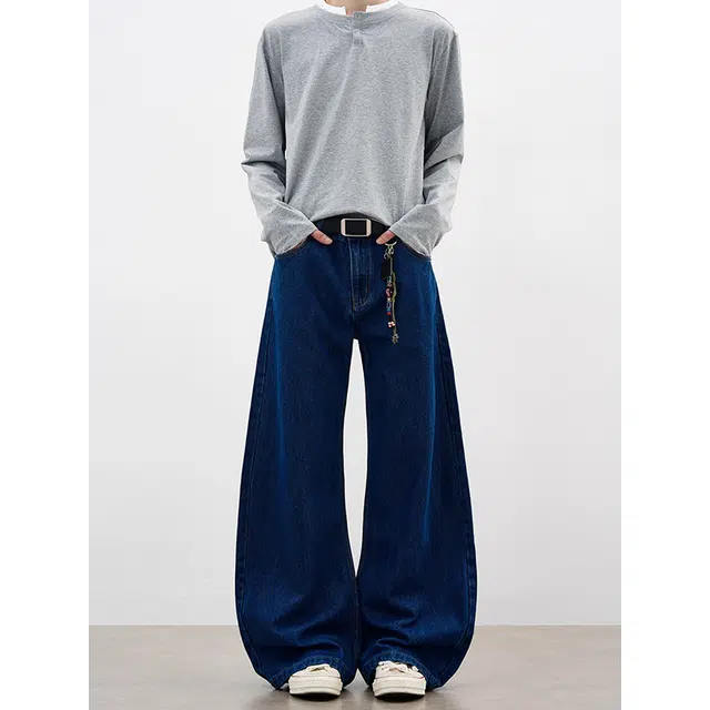 如续 美式基础通勤深蓝色弯刀长裤秋冬季百搭复古阔腿慵懒垂感拖地牛仔裤 男女同款