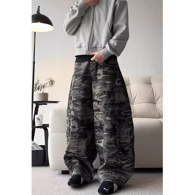 如续 美式复古风高街小众设计感阔腿工装风弯刀长裤潮流廓形拼接牛仔裤 男女同款