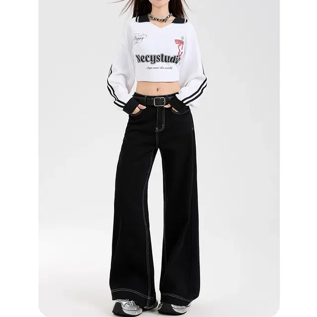 如续 美式复古潮流百搭基础款阔腿长裤舒适休闲垂感加绒厚款秋冬拖地牛仔裤 女款