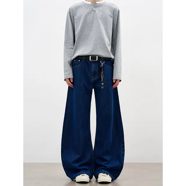 如续 美式基础通勤深蓝色弯刀长裤秋冬季百搭复古阔腿慵懒垂感拖地牛仔裤 男女同款