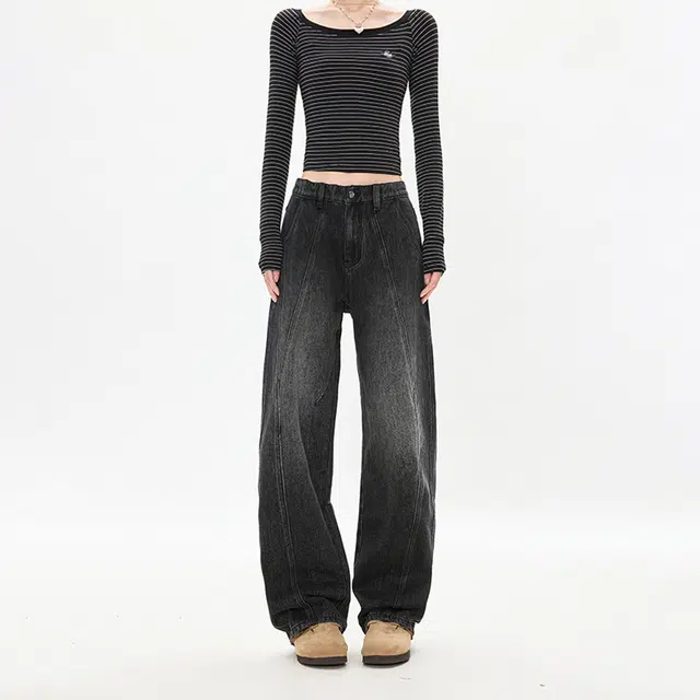 如续 宽松显瘦复古水洗潮舒适百搭褶皱牛仔裤 男女同款