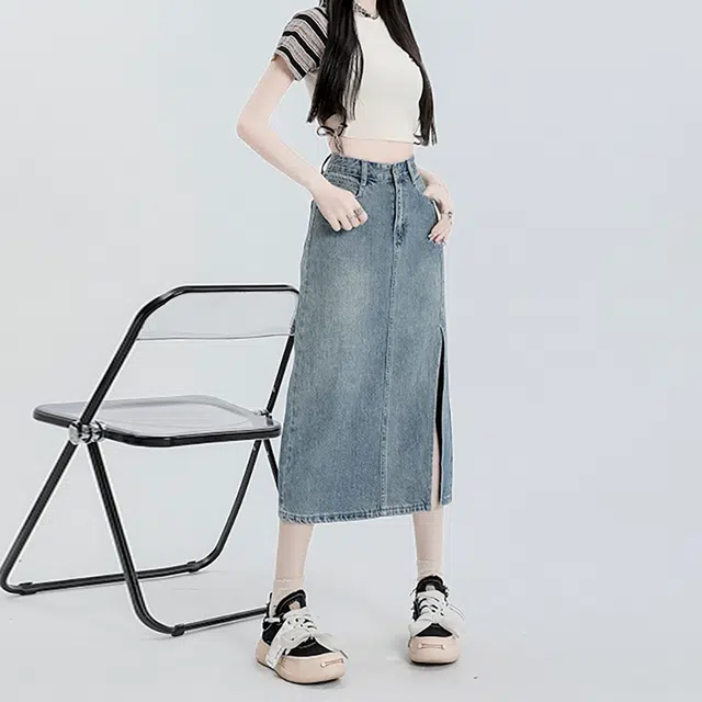 如续 高腰百搭做旧时尚中长款开叉休闲长裙 女款