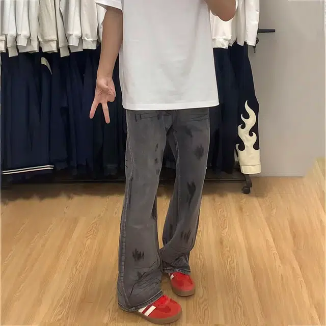 如续 春秋美式高街复古废土风扎染阔腿裤季水洗做旧宽松直筒裤牛仔裤 男款