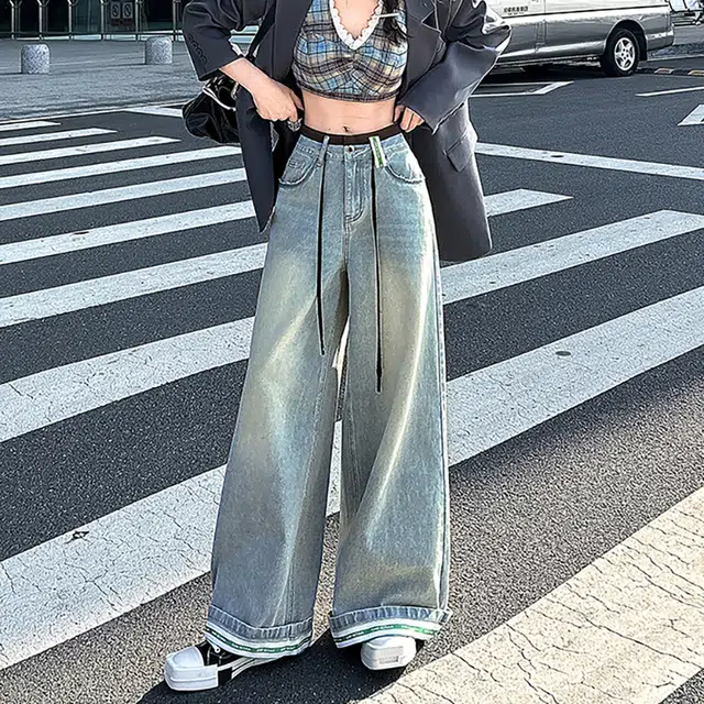 如续 美式高街阔腿裤辣妹复古显瘦宽松高级感修身休闲高腰长裤牛仔裤 女款