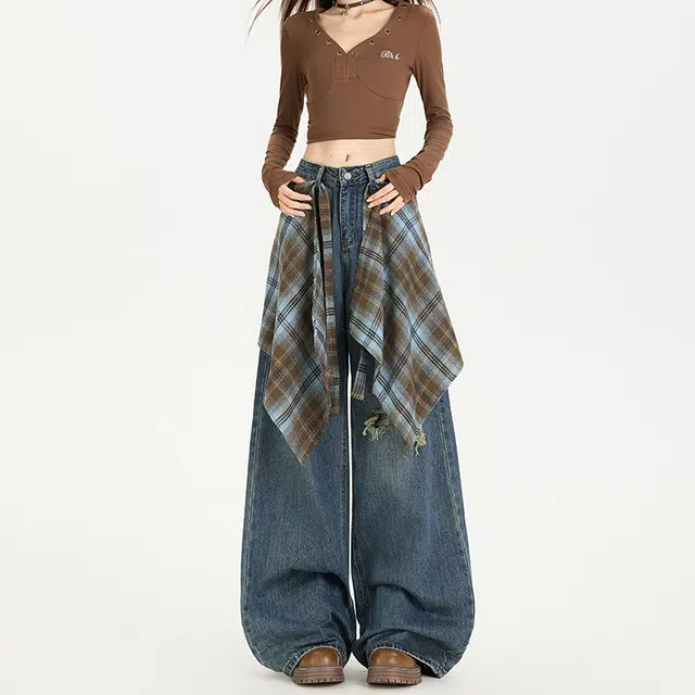 如续 设计感屁帘假破洞阔腿女秋高腰宽松显瘦拖地裤牛仔裤 女款