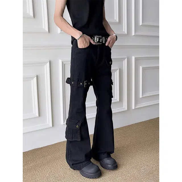 如续 美式复古高街风多口袋拼接设计百搭长裤潮流痞帅炸街微喇牛仔裤 男款