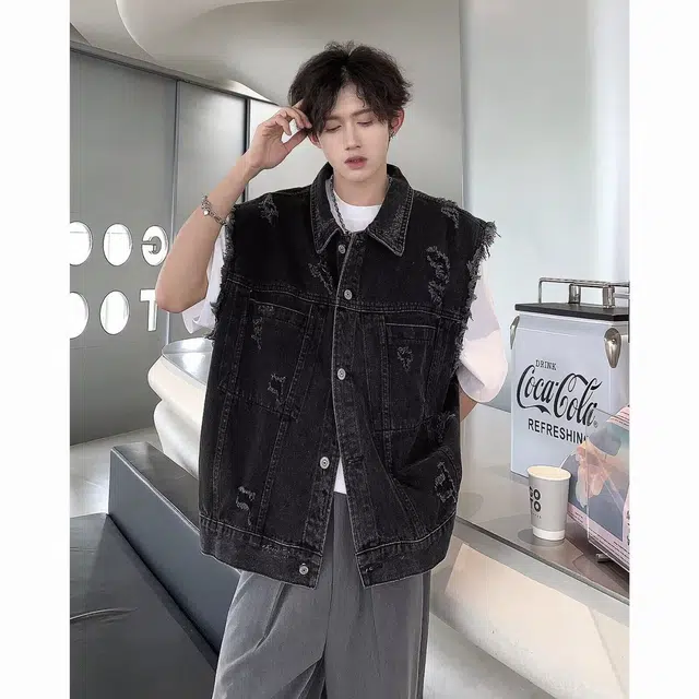 费尔岛上的猫 美式复古潮流无袖牛仔坎肩工装马甲 男女同款
