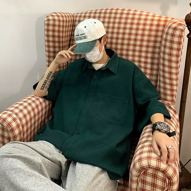 费尔岛上的猫 美式复古华夫格纹理简约纯色潮流百搭休闲上衣短袖衬衫 男女同款