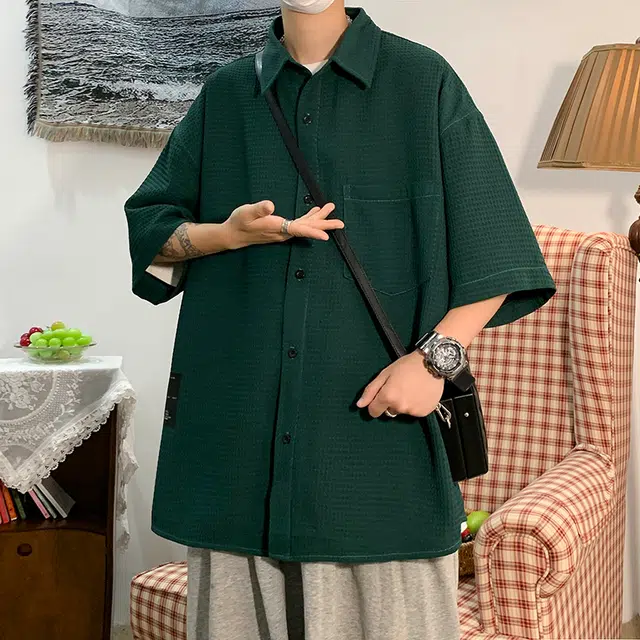 费尔岛上的猫 美式复古华夫格纹理简约纯色潮流百搭休闲上衣短袖衬衫 男女同款