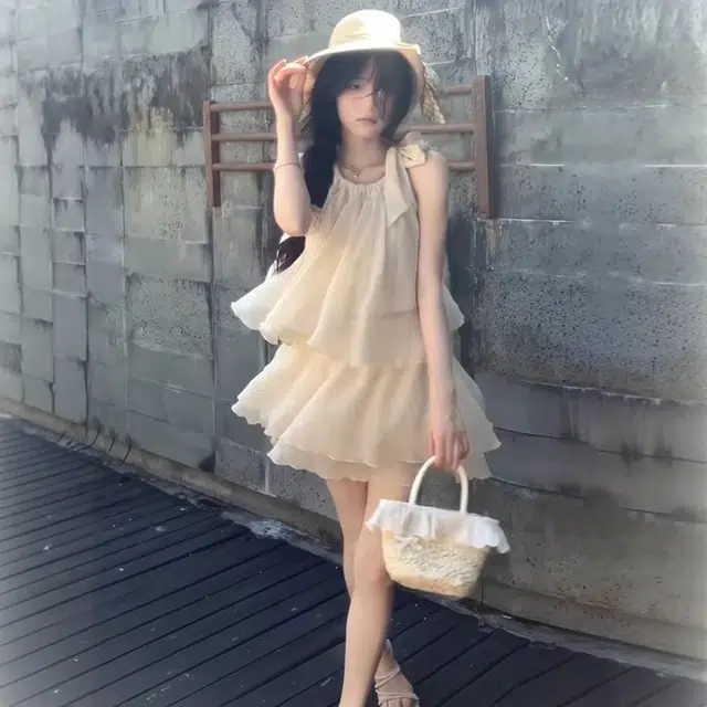 格子苔 挂脖半身连衣裙子女夏季海边度假风宽松显瘦短裙两件裙装套装  女款
