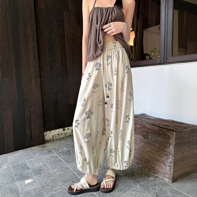 格子苔 法式印花棉麻八九分裤女夏薄款小个子显瘦宽松垂感冰丝灯笼裤 休闲裤 女款