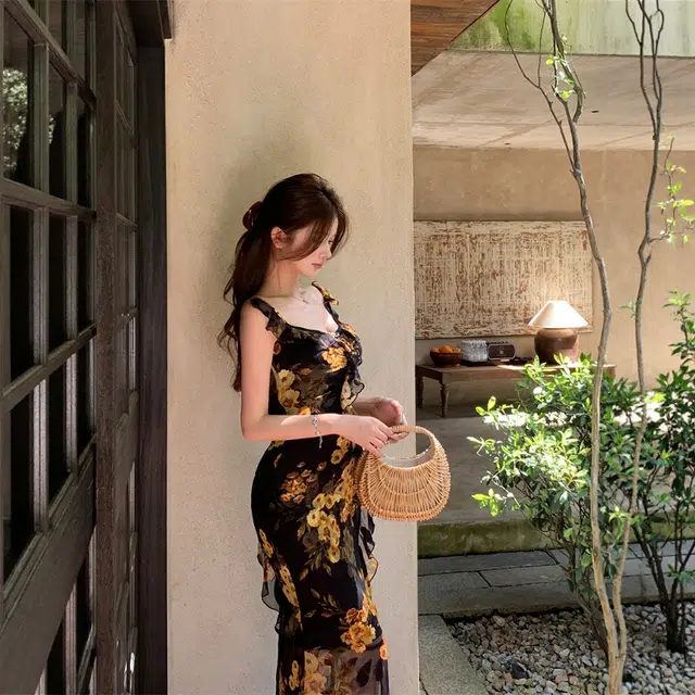 格子苔 复古荷叶边碎花女夏季鱼尾裙修身收腰开叉长裙包臀裙子吊带连衣裙 女款