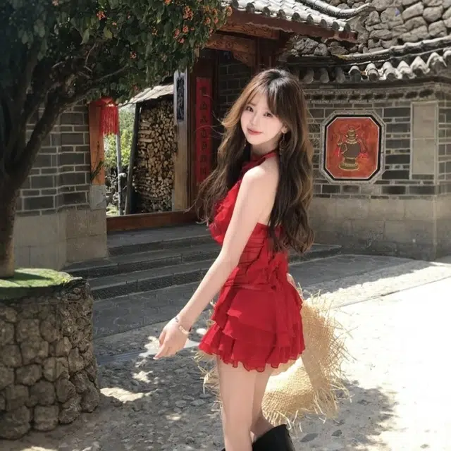 格子苔 纯欲风荷叶边沙滩海边度假舒适纯色无袖连衣裙 女款