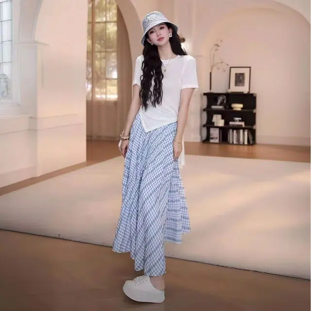 格子苔 气质高腰不规则格子简约舒适休闲长裙 女款