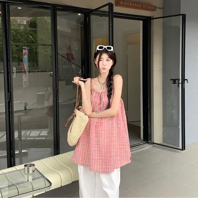 格子苔 多巴胺海边度假风格子舒适中长款吊带 女款