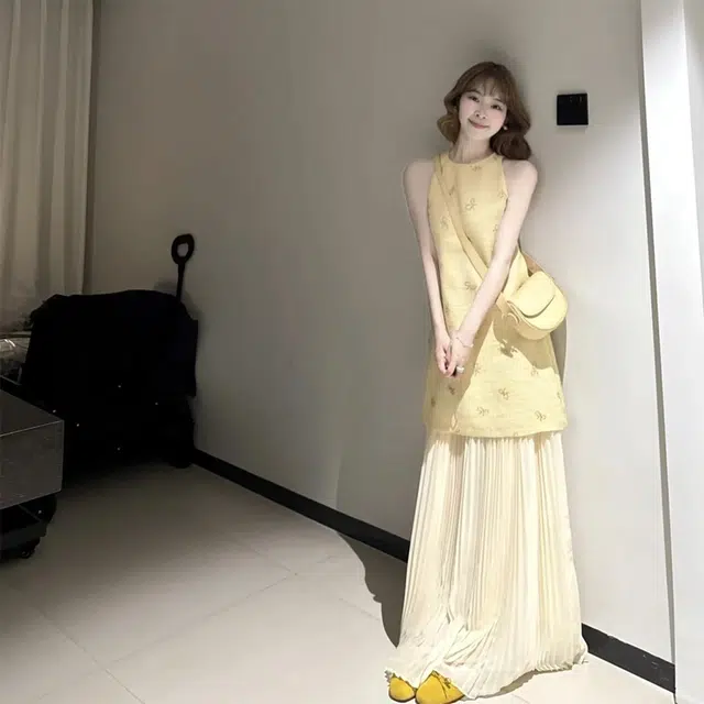 格子苔 小香风重工巨好看订婚礼服假两件背心生日裙子无袖连衣裙 女款