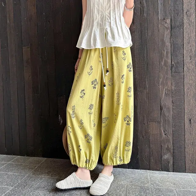 格子苔 法式印花棉麻八九分裤女夏薄款小个子显瘦宽松垂感冰丝灯笼裤 休闲裤 女款