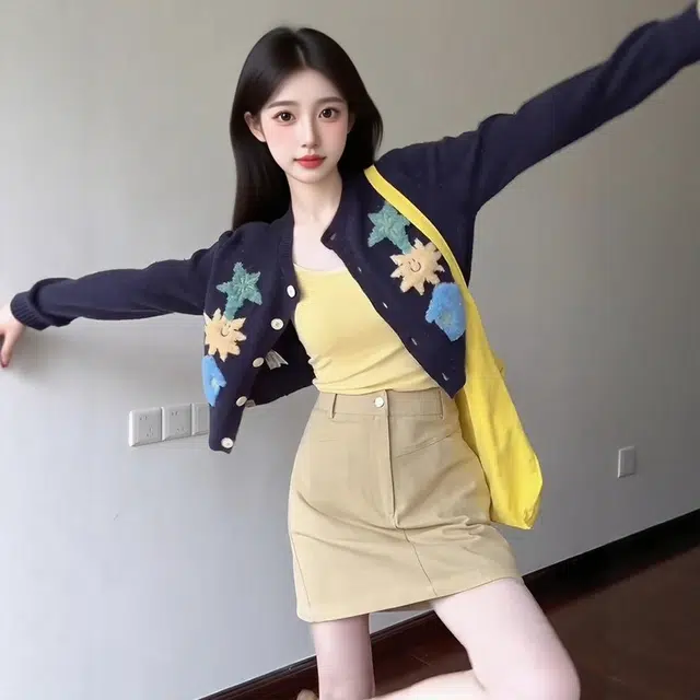 格子苔 星星提花开衫女年秋日系短款复古慵懒减龄软糯显瘦气质甜美风百搭外套针织衫 女款