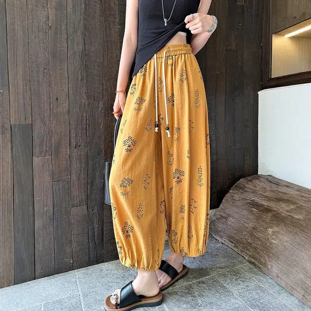 格子苔 法式印花棉麻八九分裤女夏薄款小个子显瘦宽松垂感冰丝灯笼裤 休闲裤 女款
