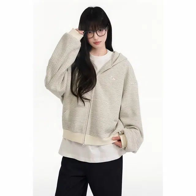格子苔 美式复古慵懒风条纹连帽女春秋小狗刺绣拉链开衫外套卫衣 女款