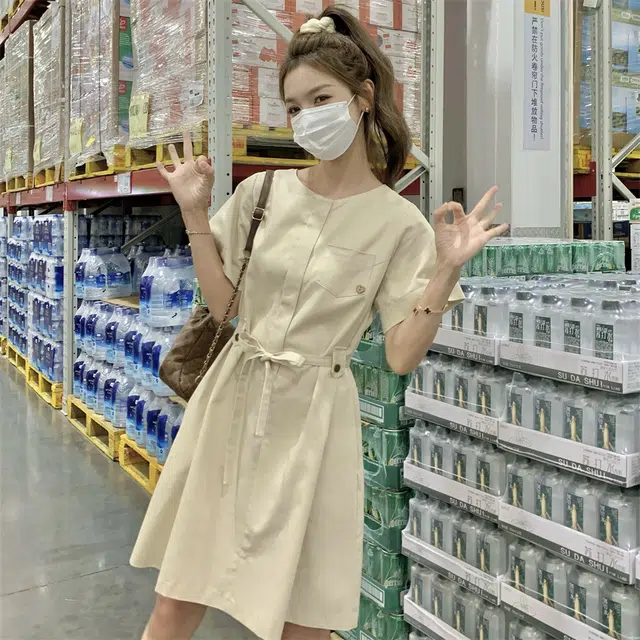 格子苔 韩系简约女夏小个子显瘦显高小清新收腰短袖连衣裙 女款