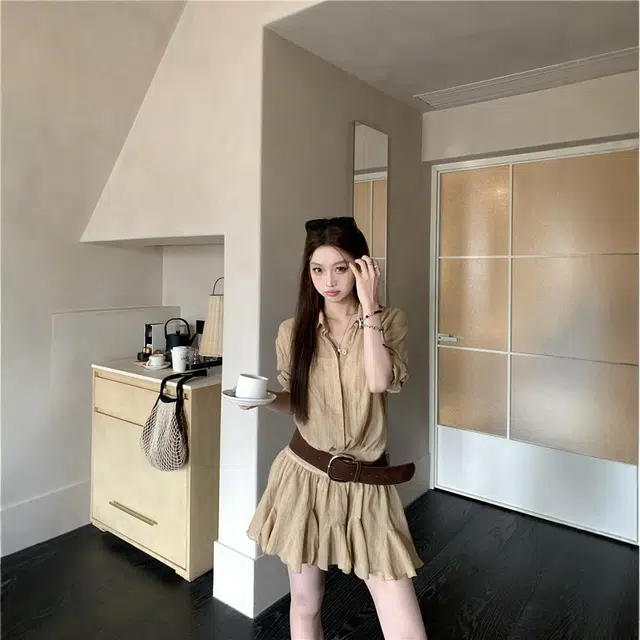 格子苔 高级感显瘦翻领衬衫女夏季复古气质百褶裙短裙短袖连衣裙  女款