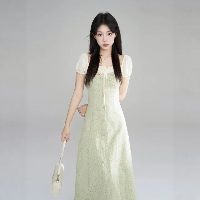 格子苔 方领女夏季收腰显瘦气质拼色长裙子短袖连衣裙 女款
