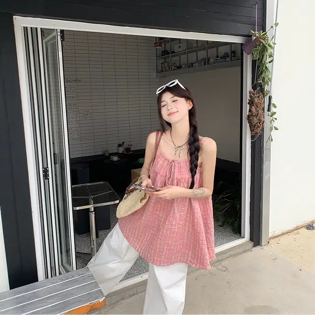 格子苔 多巴胺海边度假风格子舒适中长款吊带 女款