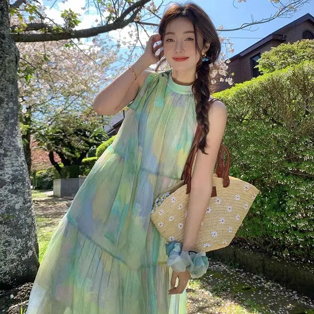 格子苔 夏季扎染绑带蓬蓬裙高级感小众宽松显瘦少女初恋气质女无袖连衣裙 女款
