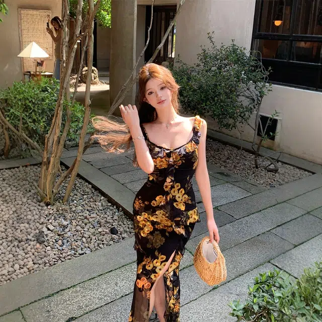格子苔 复古荷叶边碎花女夏季鱼尾裙修身收腰开叉长裙包臀裙子吊带连衣裙 女款