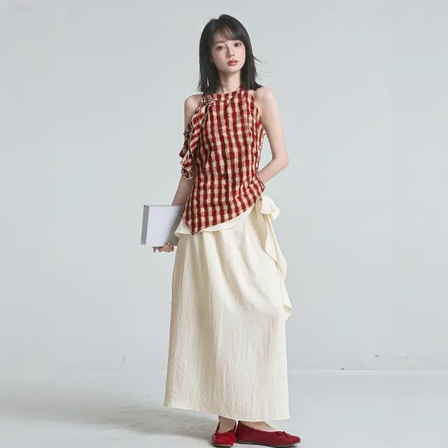 格子苔 韩式不规则挂脖无袖格子背心上衣半身裙两件套裙装套装 女款