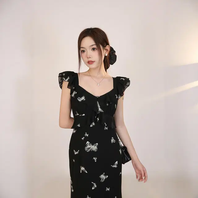 格子苔 高级感法式小飞袖碎花穿搭收腰简约短袖连衣裙 女款