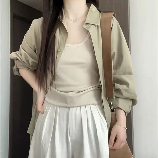 格子苔 通勤穿搭纯色法式简约休闲短袖衬衫 女款