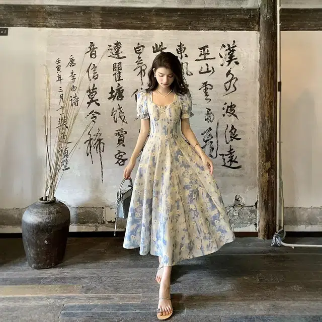 格子苔 法式方领油画风碎花短袖连衣裙 女款