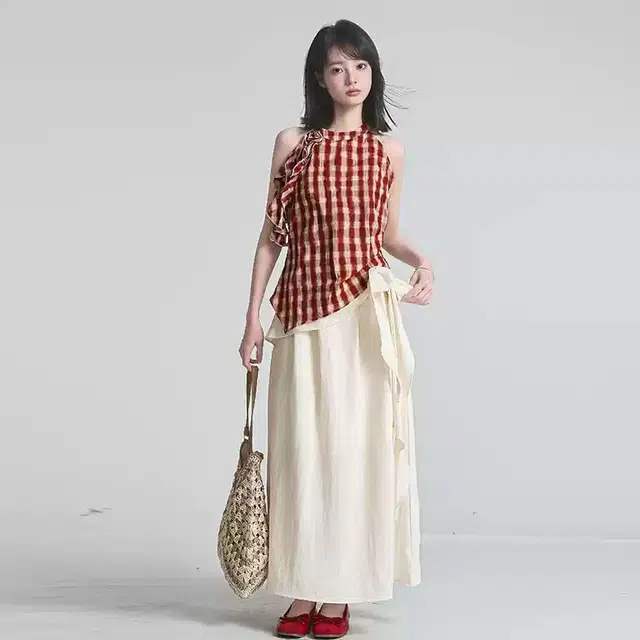 格子苔 韩式不规则挂脖无袖格子背心上衣半身裙两件套裙装套装 女款