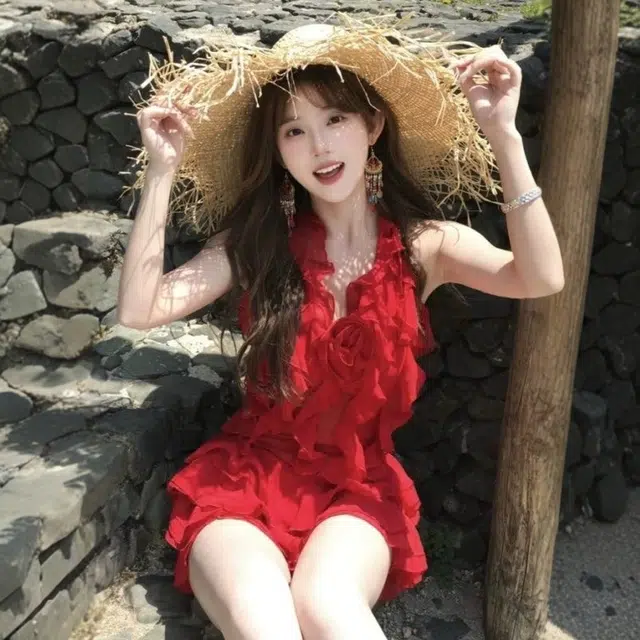格子苔 纯欲风荷叶边沙滩海边度假舒适纯色无袖连衣裙 女款