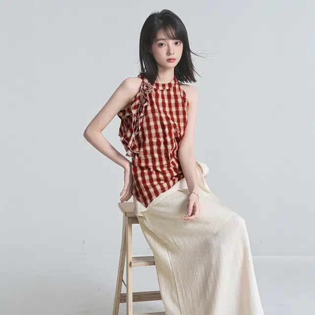 格子苔 韩式不规则挂脖无袖格子背心上衣半身裙两件套裙装套装 女款
