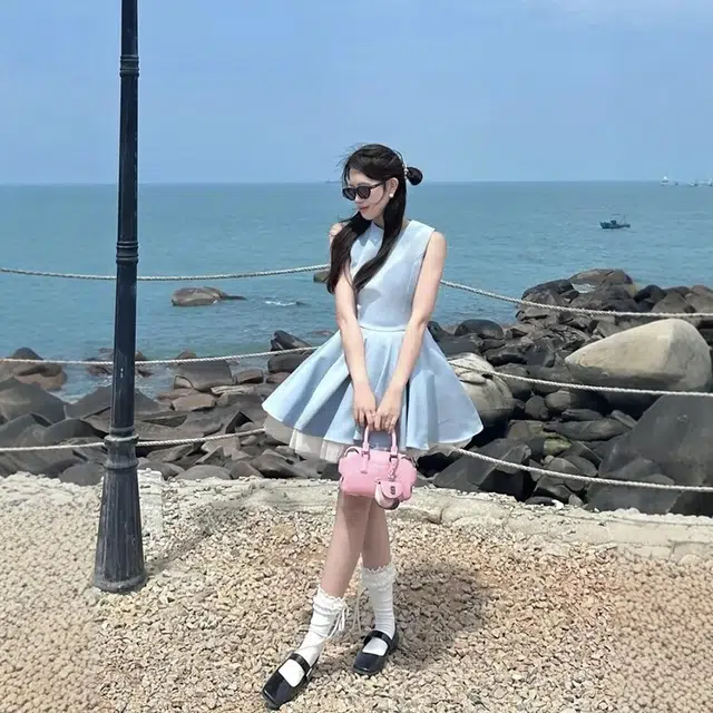 格子苔 法式赫本风网纱拼接女夏季气质收腰蓬蓬公主裙 无袖连衣裙 女款