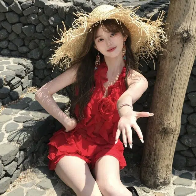格子苔 纯欲风荷叶边沙滩海边度假舒适纯色无袖连衣裙 女款