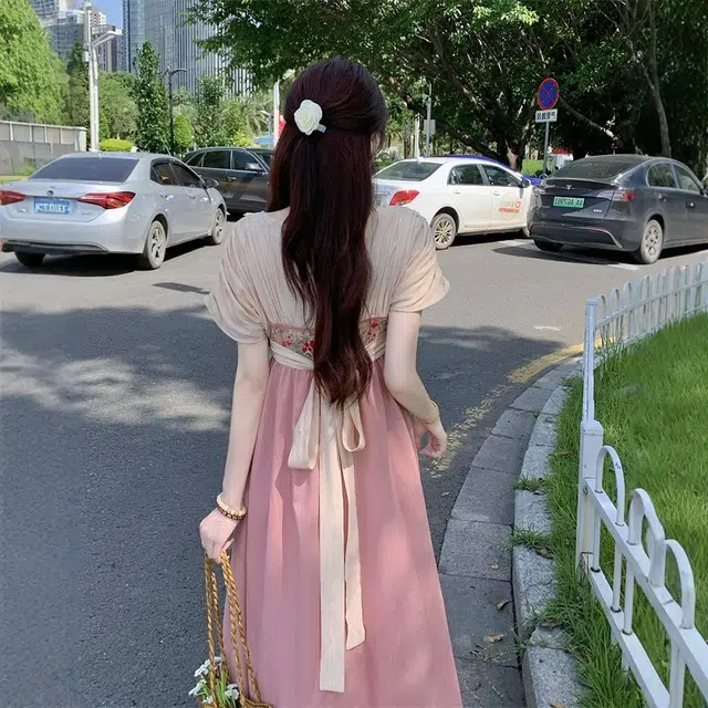 格子苔 汉服仙气温婉小众高级复古气质古风日常垂感长裙短袖连衣裙 女款